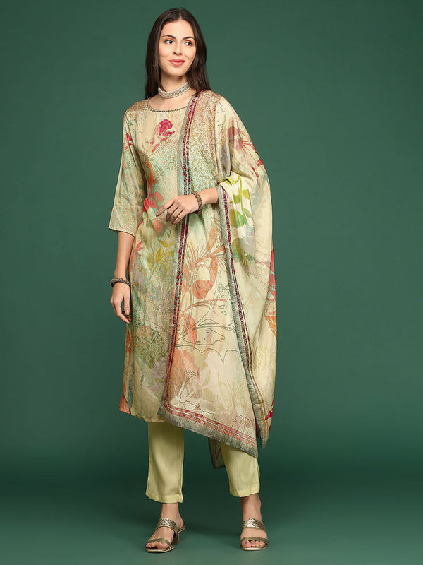 Women's Floral Sea Green Straight Kurta and Pant with Dupatta (Set of 3)